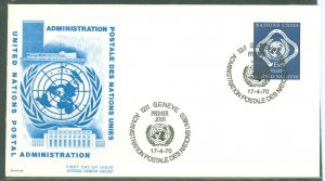 United Nations-Geneva 14 1970 10fr high value of the definitive series (single) on an unaddressed cacheted first day cover.