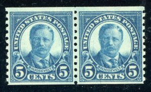 US Stamp #602 Roosevelt 5c - coil Pair - MNH - CV $7.50
