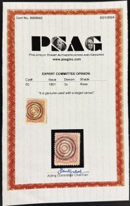 US Scott #65 used with PSAG cert