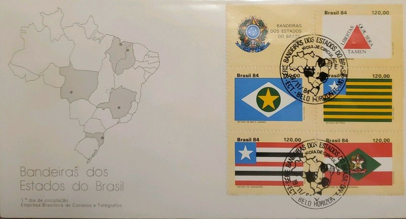 A) 1984, Brasil, banderas de los Estados de Brasil, FDC, Minas Gerais, Mato Grosso, 