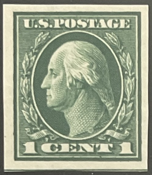 Scott #408 1912 1¢ Washington SL watermark flat plate imperf. MNH OG
