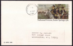 12c Eutaw Springs #UX90, used properly, Sep 1981, stamp club notice, very scarce