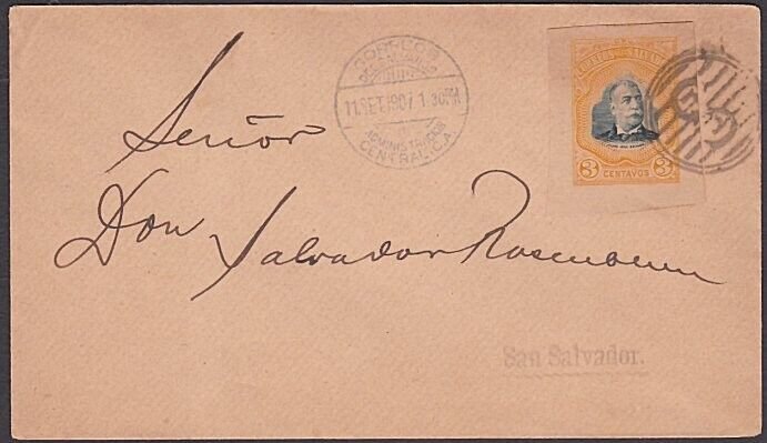 SALVADOR 1907 3c envelope cut square used on cover with fancy cancel.......a2533