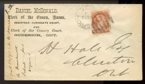 ?Clerk of the Crown, Goderich, Ont. 3c Small Queen 1891 cover Canada