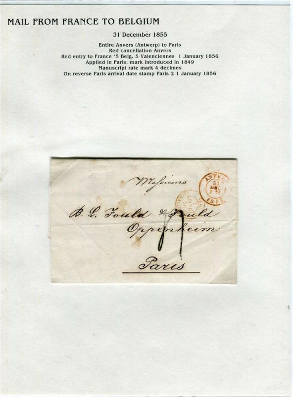 FRANCE Early Incoming LETTER/COVER 1855 fine used item Anvers - Paris