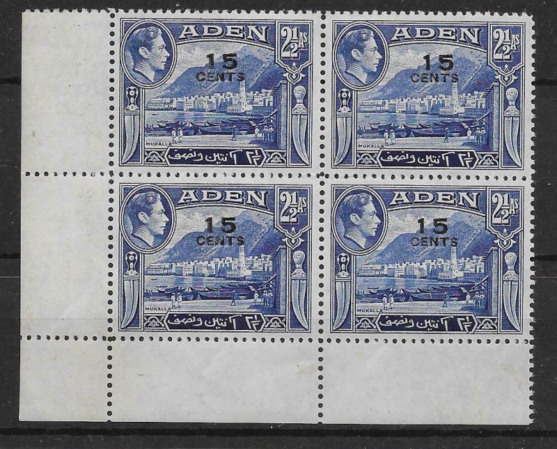 ADEN SG38a 1951 15c ON 2½a OVPT DOUBLE VARIETY BLK OF 4  MNH