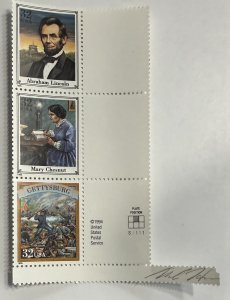US 1995 32c Civil War vertical strip of 3 #2975 MNH MINT with artist signature