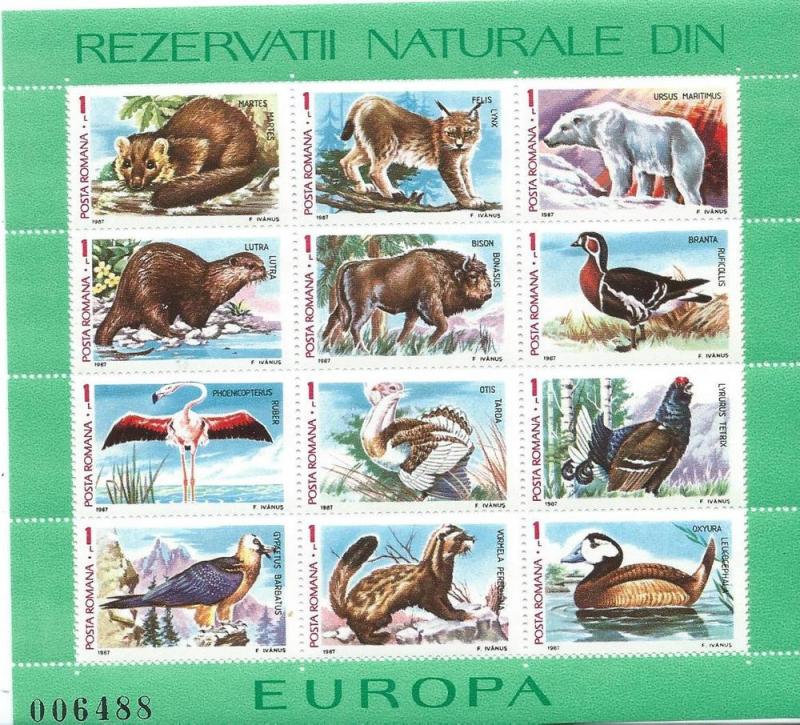 Romania #3466 Wildlife Souvenir Sheet of 12 (MNH) CV $3.75