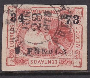 MEXICO 1873 25c imperf PUEBLA 34-73 fine used..............................A2425