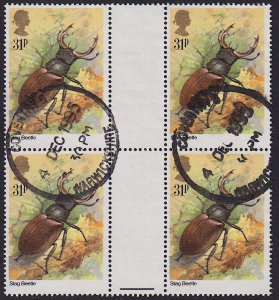 GB - 1985 - Scott #1101 - used gutter block of 4 - Insect Stag Beetle