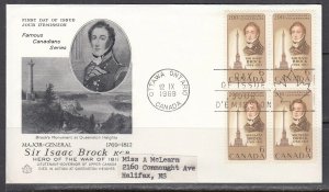 Canada Scott 501 Blk 4 Rose Craft FDC - Sir Issac Brock