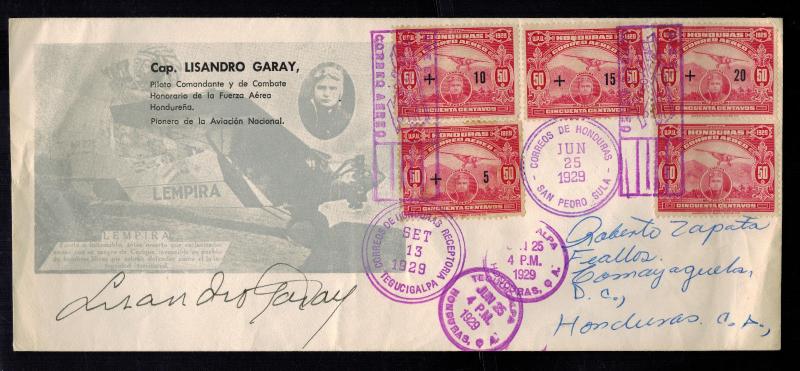 1929 San Pedro Sula Honduras Cover Signed Flown by Captain Lisandro Garay Pilot