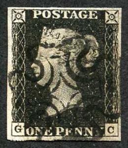 Penny Black (GC) Four margins SUPERB BLACK CROSS