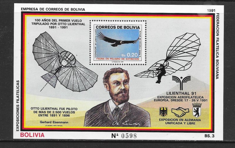 BIRDS - BOLIVIA #742 CONDOR & OTTO LILENTHAL S/S MNH