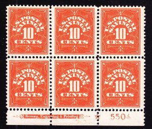 US PS1 10c Postal Savings Mint Plate Block #5504 of 6 VF OG LH SCV $550