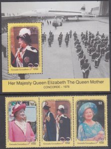 GRENADA GRENADINES Sc #1186-9 CPL MNH SET 3 + S/S , QUEEN MOTHER's 90th BIRTHDAY