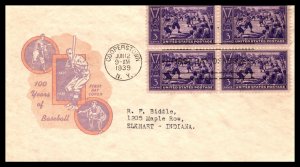 US 855 Baseball Block of Four Ioor Typed FDC