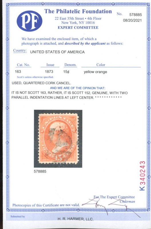 U.S. #152 Used with PF Cert