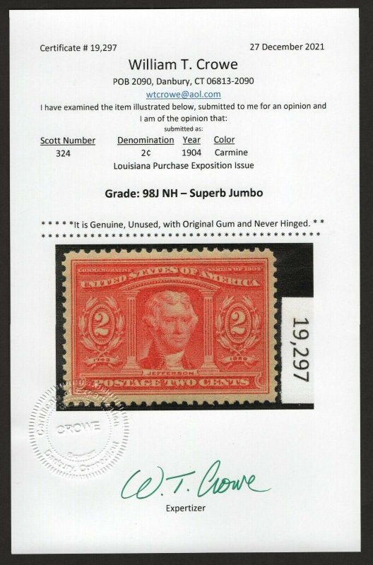 SCOTT #324 Pair Mint - Superb-98J OGnh - w/Crowe Cert.   (LB 01/01)