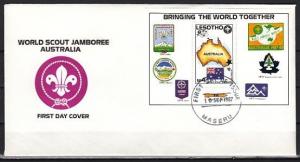 Lesotho, Scott cat. 598. Scout Jamboree s/sheet. First day cover.