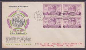 US Planty 782-14 FDC. 1936 3c Arkansas Centennial, Block of 4, Laird Cachet