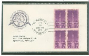 US 852 1939 3c Golden Gate Exposition (block of four)on an addressed first day cover with a House of Farnum cachet.