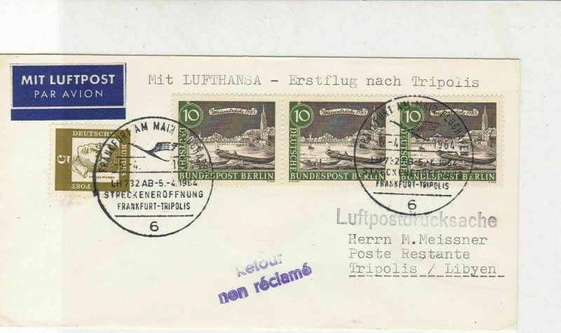 Gemany 1964 Lufthansa Frankfurt - Libya 1st Flight Return Stamps Cover Ref 27936