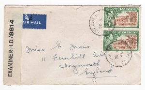 Jamaica 1943 Neat censored airmail cover to UK franked pair 4d pictorials, MOR