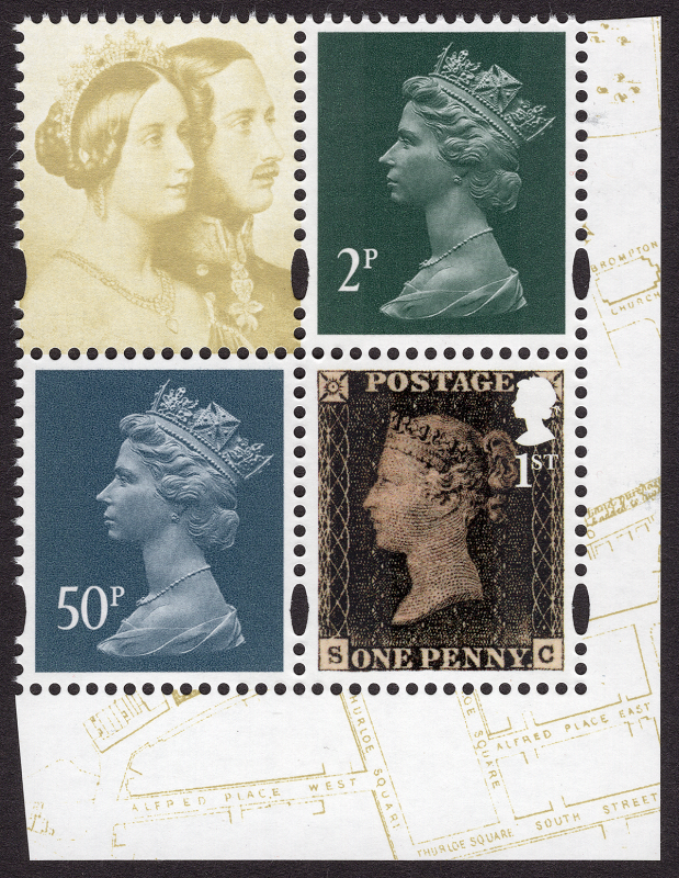 GB 2019 1st Penny Black, 2p green & 50p grey  (ex-prestige booklet DY30)