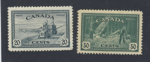 2x Canada Mint Stamps #271-20c MLH VF & #272-50c M GD F/VF Guide Value = $27.00