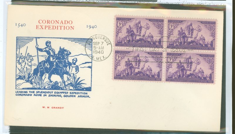 US 898 1940 Coronado Expedition bl of 4 on an unaddressed FDC with a Grandy cachet