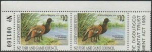 NZ Fish and Game Council 1993 $10 Paradise Shelduck pair MNH