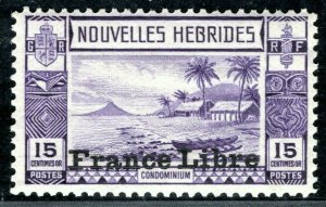 France Cols NEW HEBRIDES Stamp 15c *France Libre* Overprint (WW2) Mint MM LIME95
