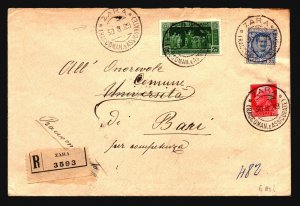 Italy 1929 Zara Registered Cover to Bari - Z17863