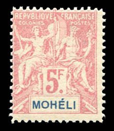 French Colonies, Moheli #16 Cat$280, 1906 5fr lavender, never hinged