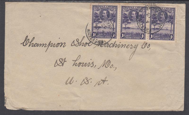 Sierra Leone Sc 141 strip of 3 on 1932 cover, Freetown to St. Louis