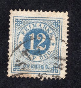 Sweden 1872 12o blue, Scott 22 used, value = $1.00