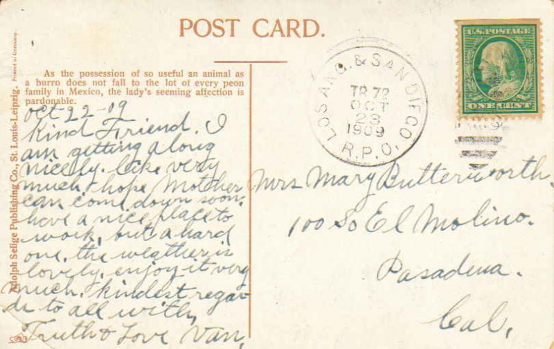 United States U.S. R.P.O.'s Los Ang. & San Diego 1909 987-E-4  PC  Small crea...