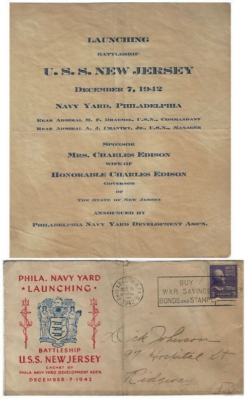 1942 - Battleship New Jersey Launch Invitation - Ephemera 1214