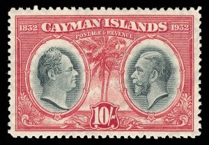 Cayman Islands 1932 KGV Centenary 10s black & scarlet MLH. SG 95. Sc 80.