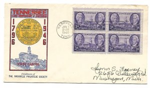 US 941 (Me-20) 3c Tennessee blk 4 FDC 1st Nashville Philatelic Cachet ECV $40.00