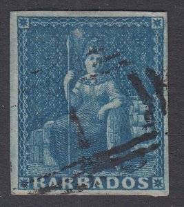 SG 4 Barbados 1852 (1d) deep blue. Very fine used. 4 fine margins CAT £70