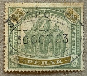 Perak 1896 $3 Elephants, used with fiscal cancel. Scott 59, CV $575.00, SG 78