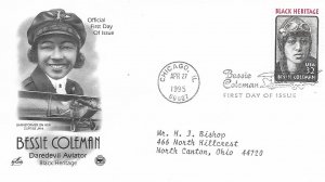 1995 FDC, #2956, 32c Bessie Coleman. Art Craft/PCS & Art Craft