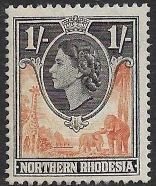NORTHERN RHODESIA 1953 QE2 1sh ELEPHANTS AND GIRAFFES Pictorial Sc 70 MLH
