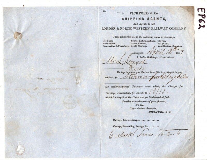 GB Cover Railway L&NWR SHIPPING AGENTS Pickford Liverpool EL Letter 1867 EP62 