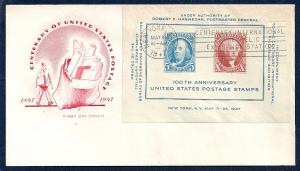 UNITED STATES FDC Postage Centenary Souv Sheet 1947 Farnam