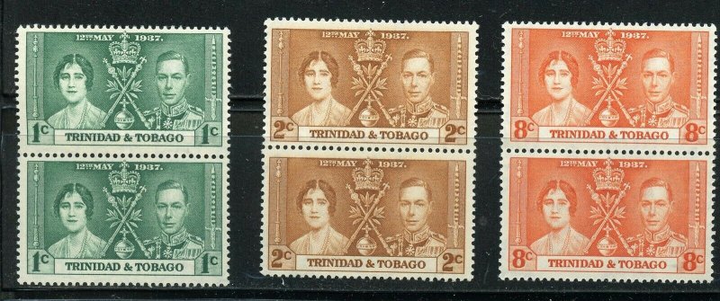 TRINIDAD & TOBAGO CORONATION OF GEORGE VI 1937 SC# 47-49 MINT NH PAIRS AS SHOWN