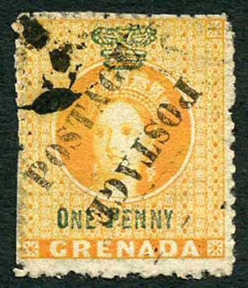 Grenada 1883 SG29a 1d orange Opt Postage Type 12 diagonally Unsevered Pair