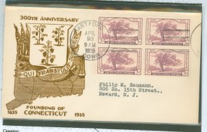 US 772 1935 3c hartford tercentenary block of 4 on an addressed fdc, with a cachet by an unknown publisher